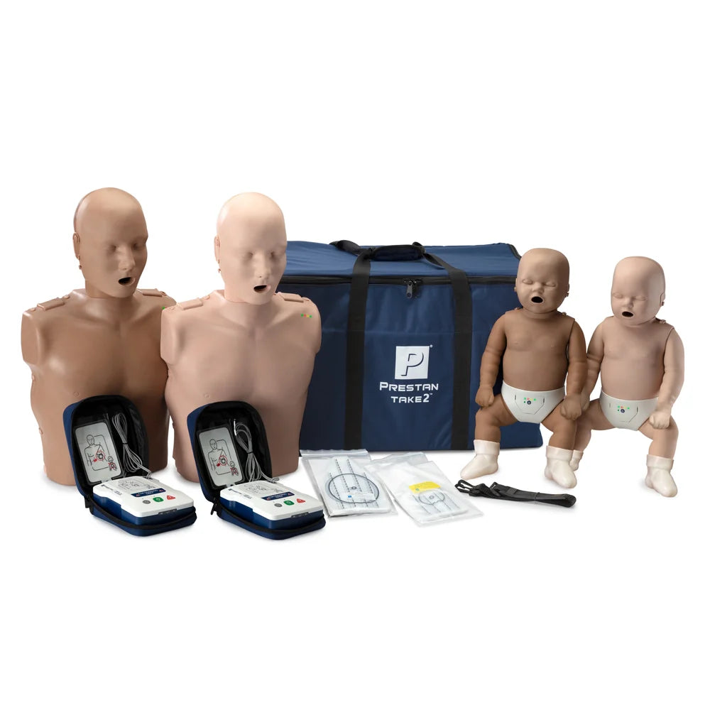 PRESTAN Take2 Diversity CPR Manikin & AED Trainer Kit (2-Adult 1 Medium Skin & 1 Dark Skin, 2-Infant - 1 Medium Skin & 1 Dark Skin, & 2-AED UltraTrainers)
